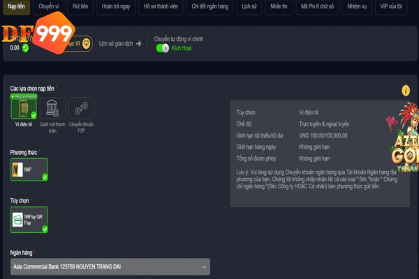 Nạp tiền vào tài khoản DF999 để tham gia đặt cược Casino 